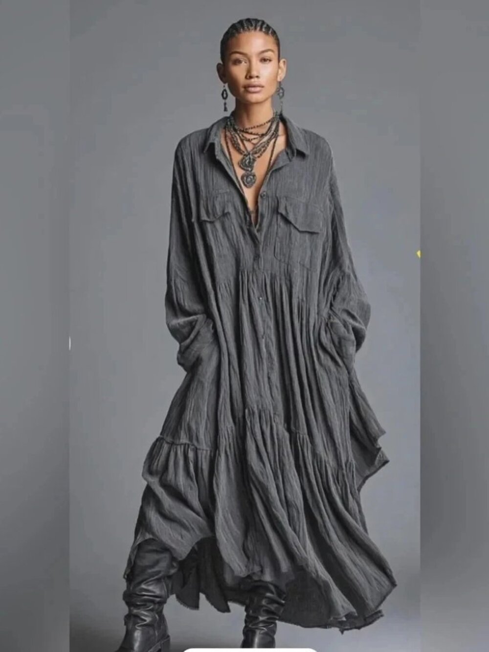NWT Modesees Maxi Shirt Dress Sz L Relaxed Oversized Gray Gauze Cottagecore